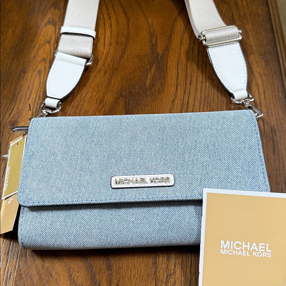 Michael Kors Denim Blue Crossbody Bag. Snap closure w/card slots/storage space.